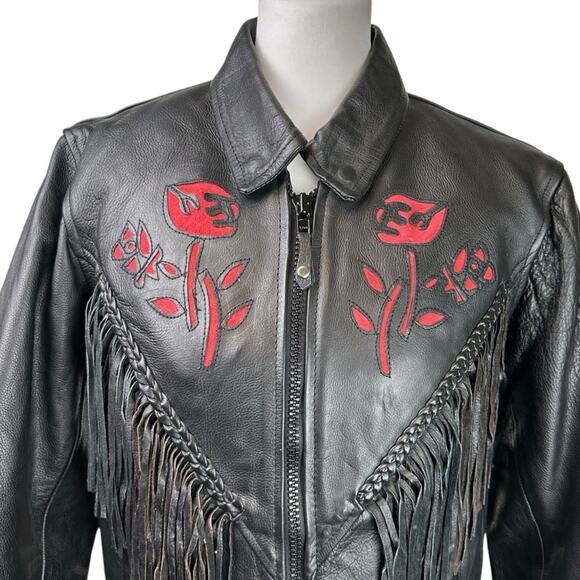 VTG Black Cow Hide Leather Fitted Biker Jacket Red Floral Embroidery Size Small - Picture 2 of 10